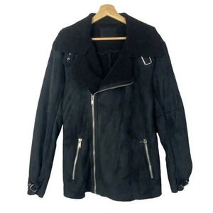 Zara Black Faux Suede Teddy Lined Mid Length Moto Jacket L